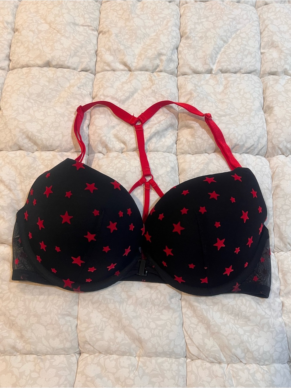 Victoria's Secret Black Bra with Red Star Print and Red Straps